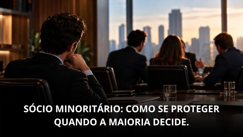 Sócio minoritário acompanha reunião de sócios durante decisões empresariais.