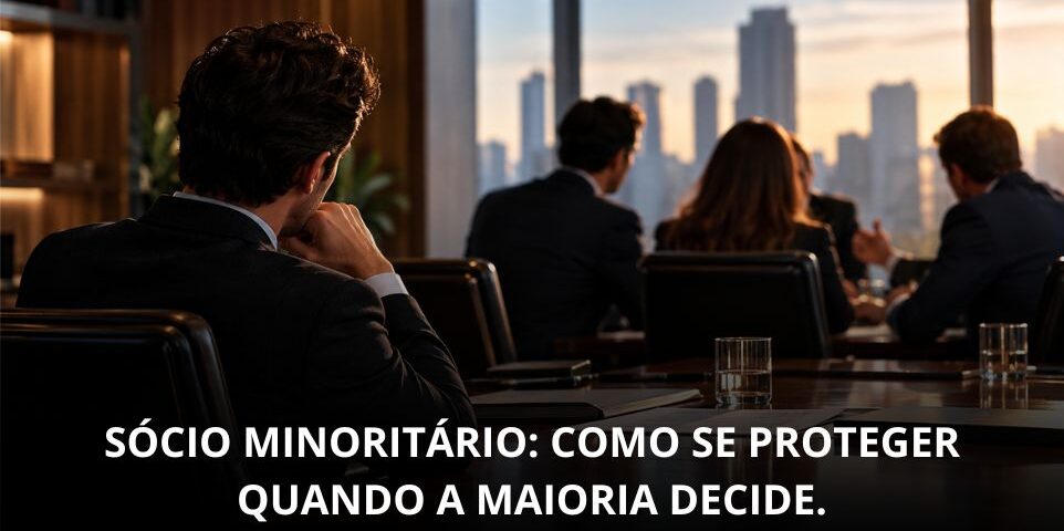 Sócio minoritário acompanha reunião de sócios durante decisões empresariais.