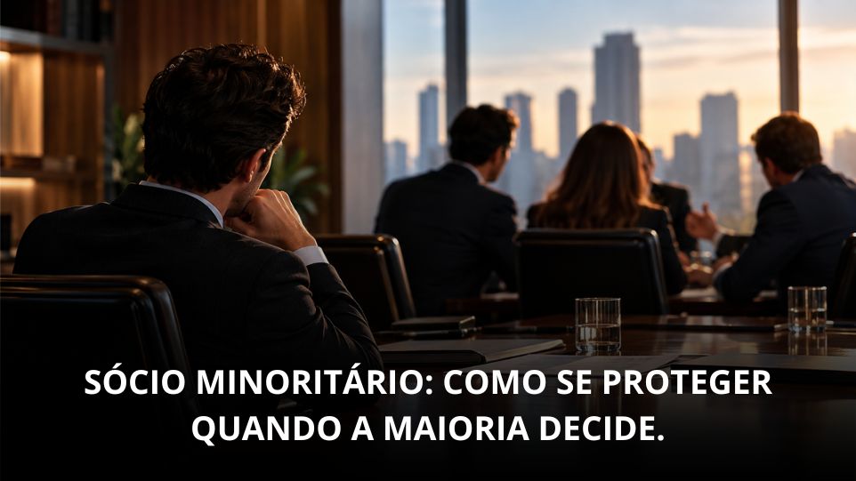 Sócio minoritário acompanha reunião de sócios durante decisões empresariais.